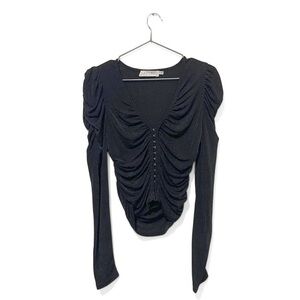 ASTR the Label Black V-Neck Ruched Eyelet Long Sleeve Blouse Size Small